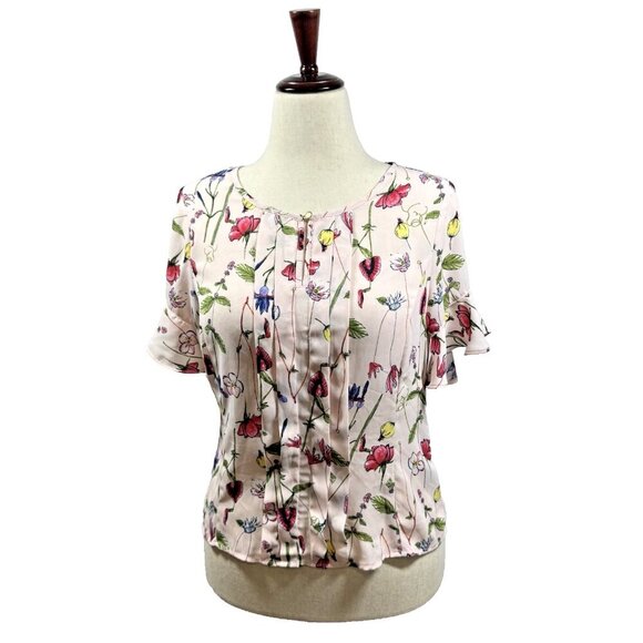 Liz Claiborne Women's Blouse Pink Floral Print Short Flutter Sleeves Size PS - Picture 1 of 6